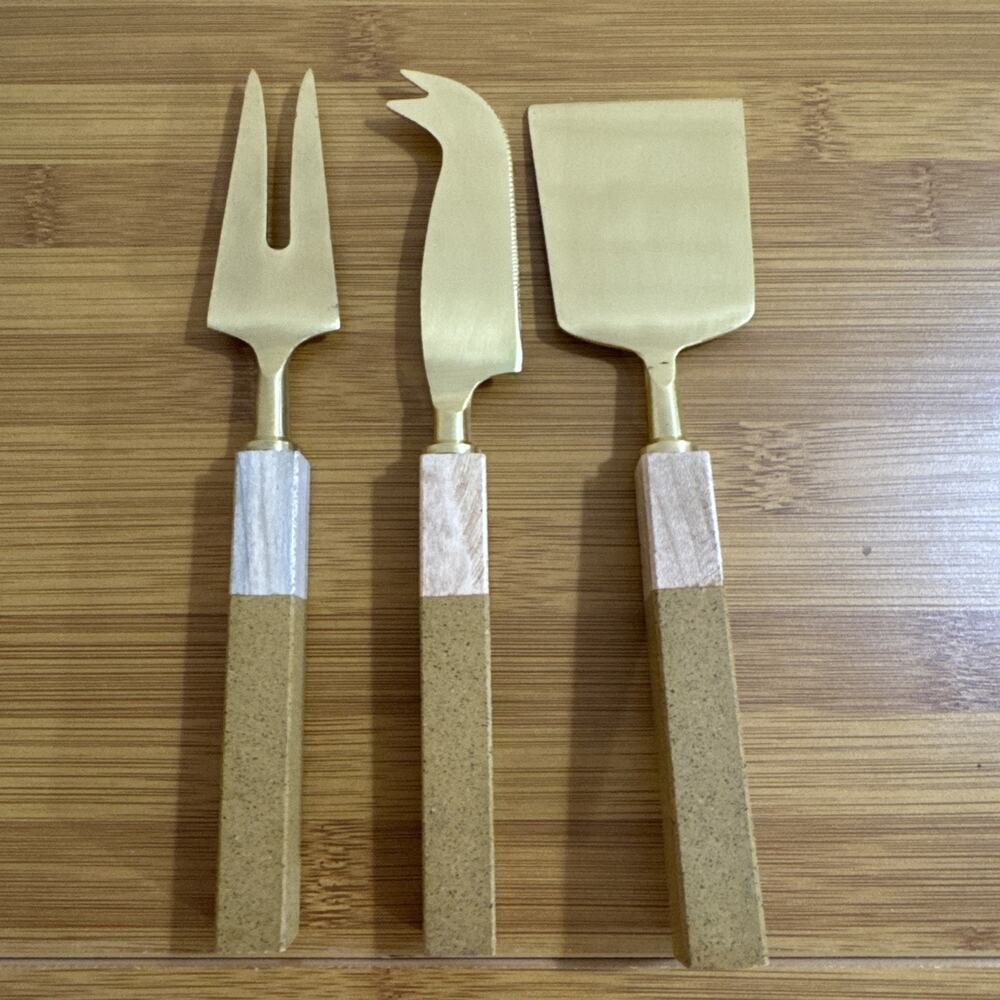 Eli Marble Handle Gold Tone 3 Piece Cheese Knife Set - MCM Style
